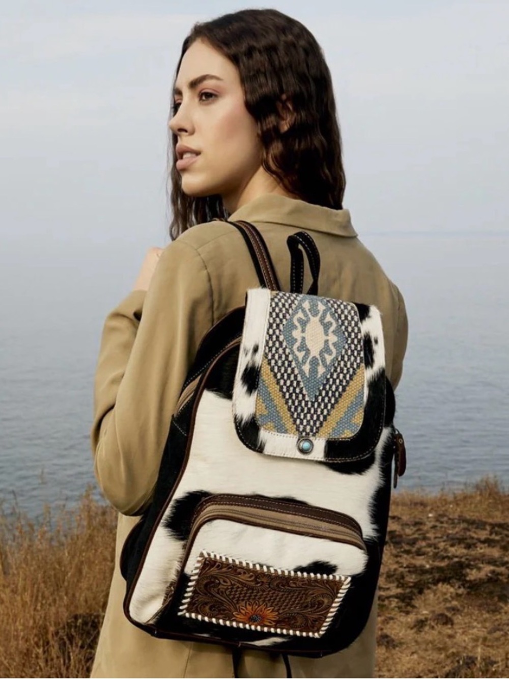 MYRA COUVER HAND-TOOLED BAG AZTEK CALF HAIR LEATHER BUCKSTITCH BACKPACK